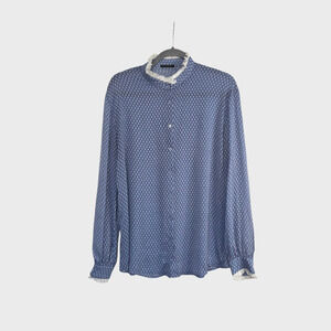 Sisley Italy Sheer Blue White Romantic Fringed Buttondown Blouse, Size Large
